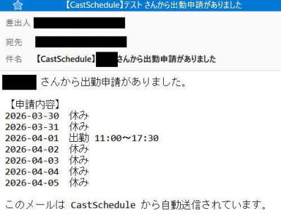 CastScheduleから届く出勤申請メールのサンプル